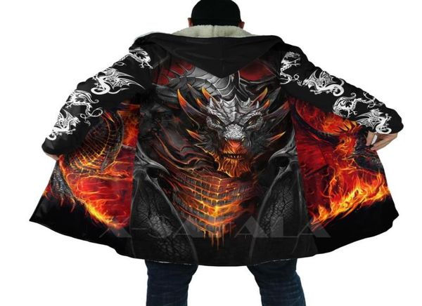 MEN039S BLENDES DE WOOL BLENDS Viking e Dragon Armour Tattoo Cross por toda a capa de capuz quente e impressa em 3D para homens à prova de vento 2867079