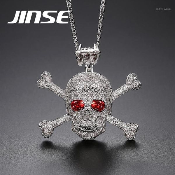 Jinse Full Afinestone Punk Red Cz Stone Skeleton Skulet Pendants Ожерелья для мужчин Золотой цвет хип -хоп -ювелир