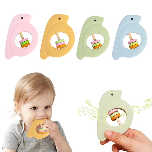 Formato de pássaro Baby Rattle Silicone Color desenho animado de dentição Safe Alimentos Crianças de brinquedo molar Jogo de ginástica jogo 231221