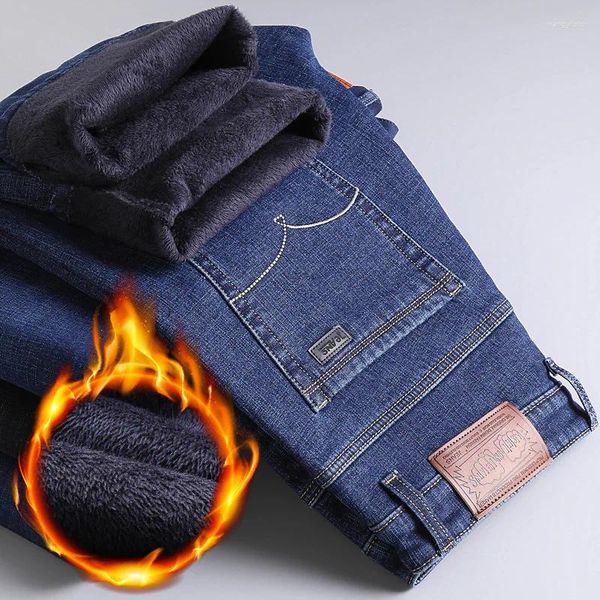 Jeans masculinos 2023 Winter térmico quente flanela trecho masculino calça de lã de lã Homens retos calças jeans jeans macho