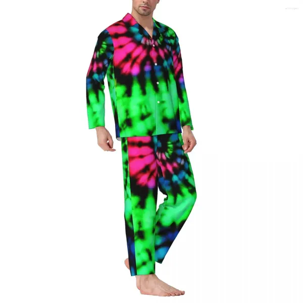 Herren Nachtwäsche-Pyjama Männer Helle Krawattenfarbe Schlafzimmer Regenbogenabdruck 2 Stück Retro Pyjama Set Long-Ärmeln bequeme übergroße Hausanzug