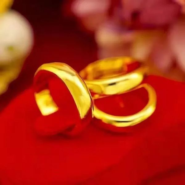 Anéis de casamento Pure plated real 18k Yellow Gold 999 24k para homens e mulheres Personalidade de rosto liso Plano Casal Ring Never Fade Jewelry 231222