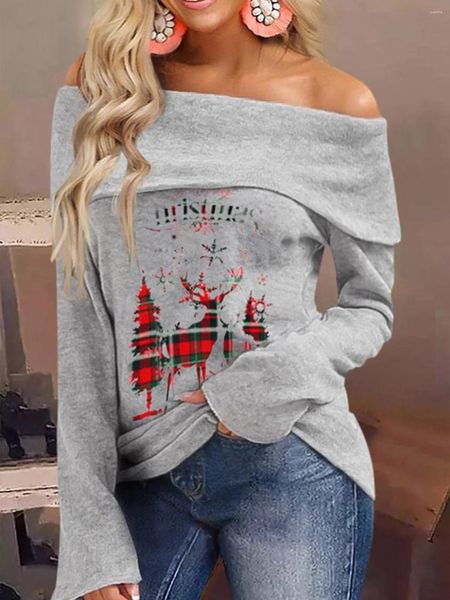 Camisas femininas 2023 Autumn Winter Christmas Tree Plaid Reina Snowflake Blusa cinza elegante estilo de escritório Lady One ombro Sexy Mulheres Sexy