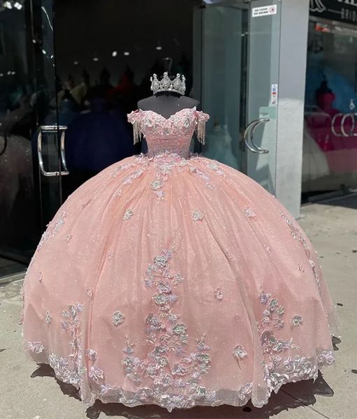 Quinceanera Plays Prom Part Party Plant Plant Plant 3d цветочные аппликации Custom Zipper кружек плюс размер новый Vestido de для сладкого 15 без рукавов с розовым хрустальным бисером с плечом