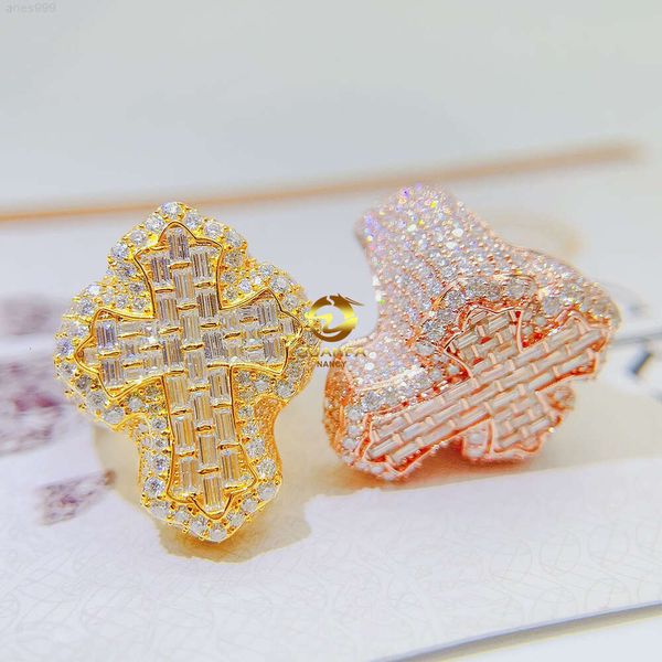 Prezzo all'ingrosso Hip Hop Fine Jewelry 925 Sterling Silver VVS Moissanite Iced Out Micro Pave Men Diamond Cross Ring