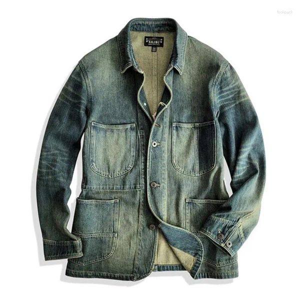 Jackets masculinos Amekaji vestem roupas homens americanos vintage jeans jacket de vestuário de trabalho lavado angustiado