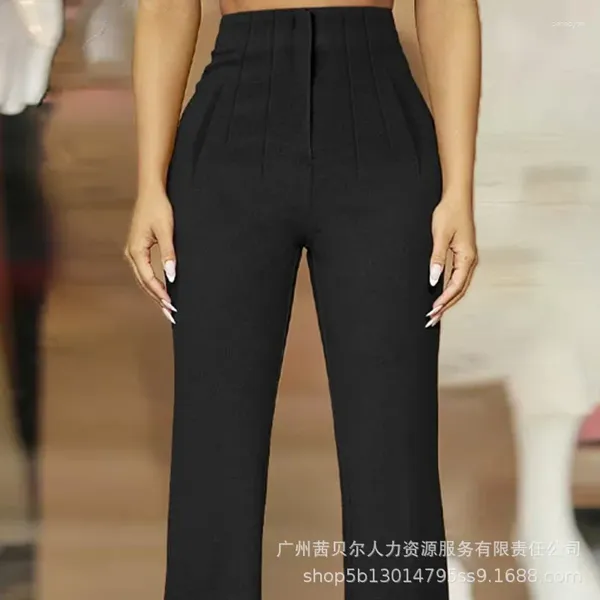 Calça feminina costurando calças de cinto de couro de cor sólida na cintura alta moda moda flare streetwear casual desgaste bolsos