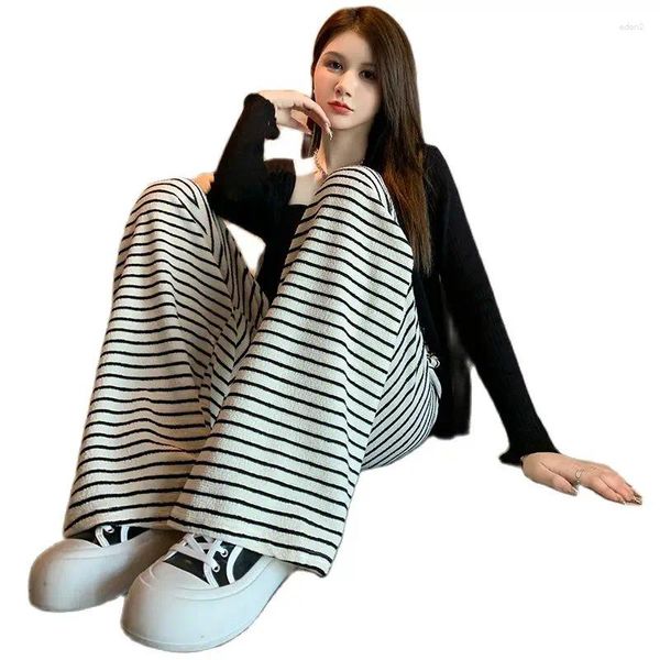 Женские штаны весна осень Женщины Long Lose Design Wide Hem High Lespe Printing Printing Korean Fashion Girls Knit