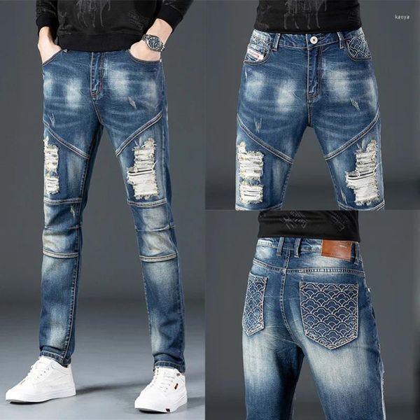 Jeans maschile 2024 uomini impilati slim fit fit strappato ricamato pantaloni di denim retrò patchwork Y2K Punk a maglia pantaloni a maglia