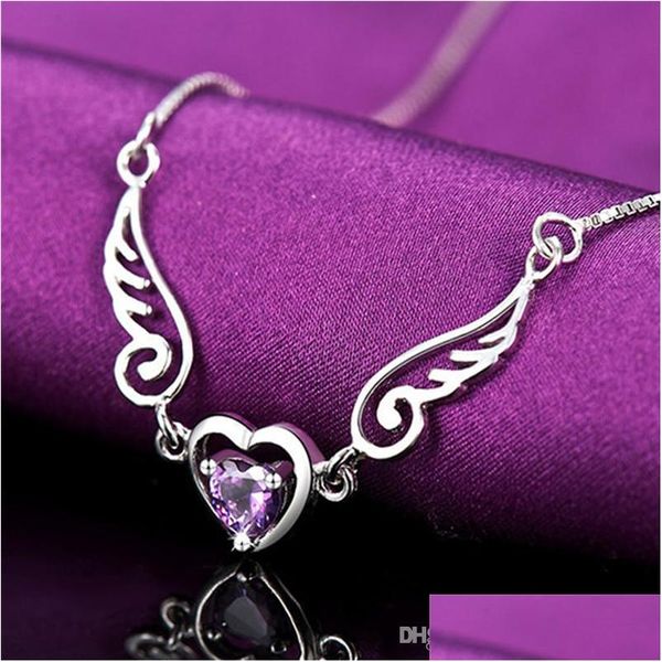 Schmuck 925 Sterling Sier Anhänger Halskette Engel Flügel weibliche lila Zirkon Liebe herzförmige Drop Lieferung Hochzeit, Partyveranstaltungen MiD DHTGF