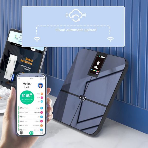 TFT Screen WiFi Körpergewichtskala Fett Smart BMI Wasser und Muskel mit 16 Datenherz 231221