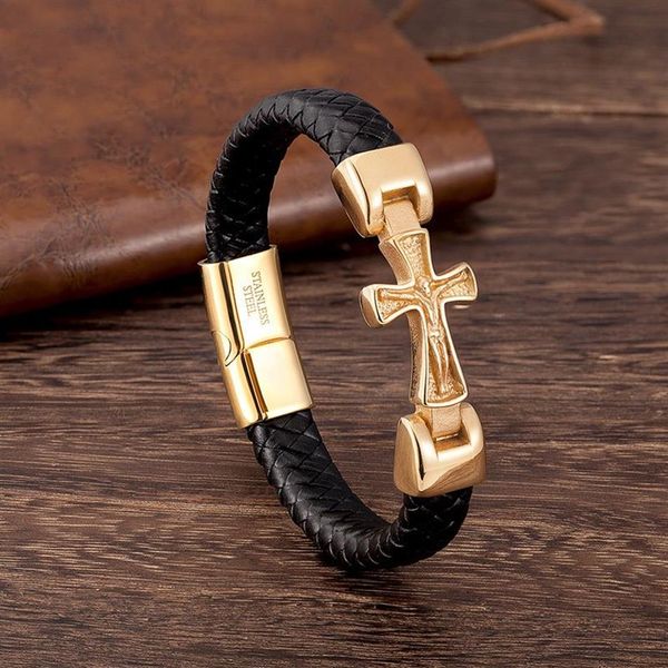 Pulseira de couro genuíno masculino dourado colorido cruzado artesanal jóias punk charme de pulseiras de luxo banges magnéticos gif267q