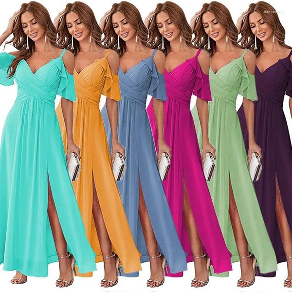 Lässige Kleider Frauen elegante Hochzeitsbrautjungfernkleid grün von Schulter kurzer Rüschen Ärmel geteilt Cocktail Prom Sexy Maxi Partykleider