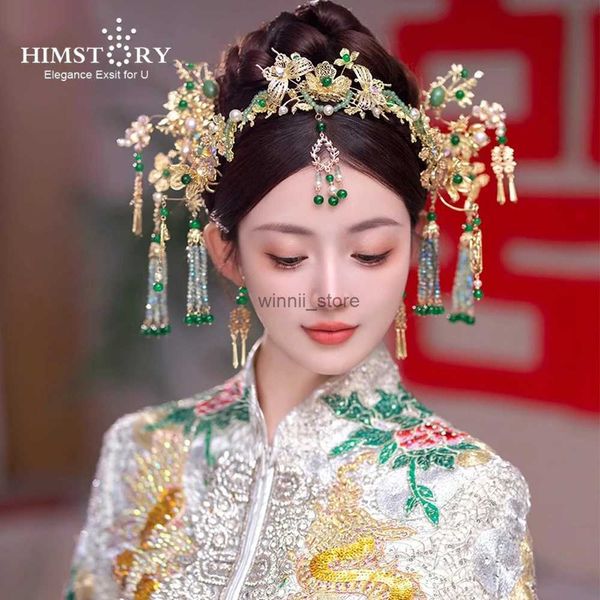 Andere Häfrig -Chinesische Hochzeitsgrüne Edelstein Hanfu Haar Ornamente traditionelle alte Kostüm Braut XiUhe Kopfstück Accessoiresl231220