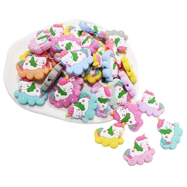 20pcs Unicorn Silikon Fokal Boncuklar Gıda Sınıfı Teether Bebek Çiğnenebilir Molar Oyuncaklar DIY meme zinciri mücevher aksesuarları 231221