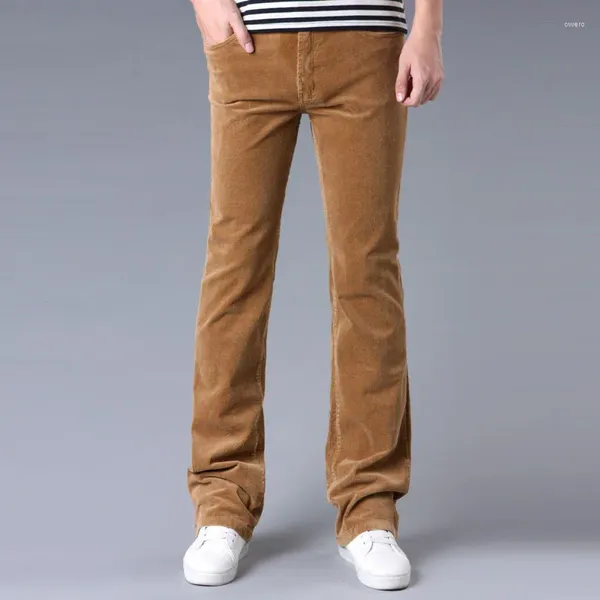Мужские брюки в корейском стиле мужчины бизнес-повседневное расклешенное вельветовые брюки плюс размер высокий талия защелкиваемые колокольчики бутинки вырезать джинсы.