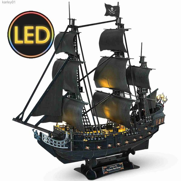 Puzzos 3d Puzzos Cubicfun 3d 293pcs Queen Anne Revenge Pirate Ship Gifts com 15 lâmpadas LED Kits de construção de modelos de veleiros brinquedo para adultos YQ231222