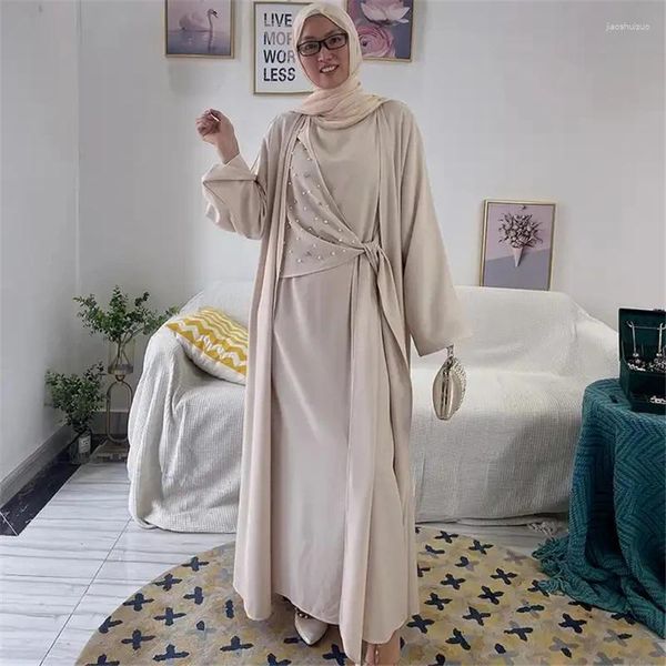 Abbigliamento etnico Donne musulmane aperte perle Abayas 2 pezzi Set kimono con abito interno abito tacchino kaftan arabo Dubai Ramadan Islam jalabiya