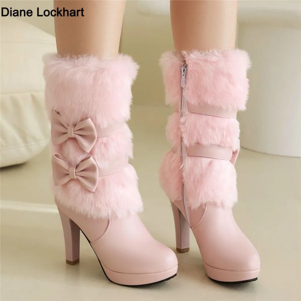 Moda inverno mulheres botas de salto alto rosa branco preto pele borla bowtie adorável lolita senhoras zip festa sapatos de casamento 3343 231221