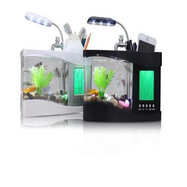 Neuester Mini USB LCD Desktop Lamp Light Fish Tank Multi-Fonication Aquarium LED LED Uhr Weiß schwarzer Valentinstag Weihnachtstage Geschenk2388