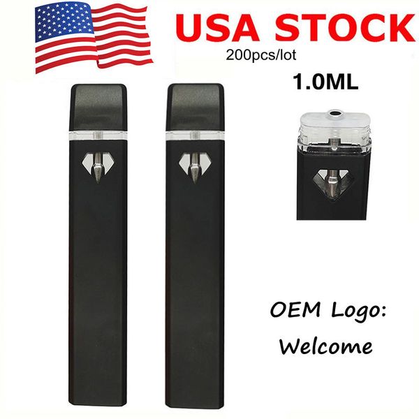 USA Stock 1,0 ml Einweg Vape Stift E-Zigarette Pod Dicke Öl leer 1 ml Schoten wiederaufladbar 280 mAh Batterie Keramik-Spulen-Vaporizer Diamant View Fenster Schwarz D7 200pcs/Los