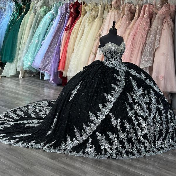Princesa gótica de prata preta vestidos quinceanera Aplique Sparkly Tassel Corset vestidos para 15 anos baile doce 16