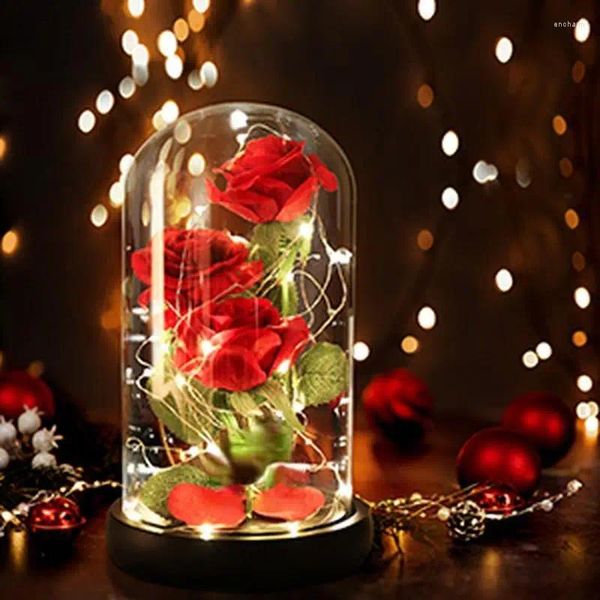 Flores decorativas Rosa eterna com luz de corda LED em vidro de aniversário de Natal Artificial para decoração anos de casamento Presentes em casa