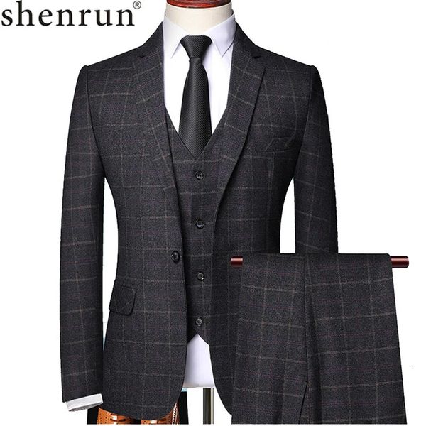 SHENRUN MEN 3 Peças Terno Spring Autumn xadrez slim fit