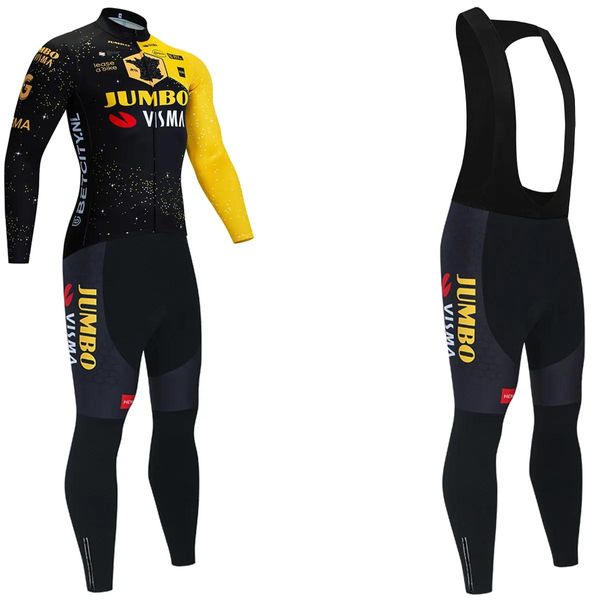 Yeni Altın Jumbo Bisiklet Jersey Bibs Pants Setler Erkek Kadınlar 2024 Ropa Clclismo Team Pro Termal Polar Bisiklet Maillot Ceket Giysileri