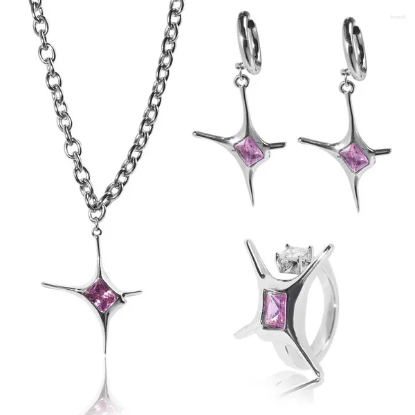 Anhänger Halsketten rosa Sternkristallringe Clipohrringe Set für Frauen Charme Schlüsselbein Kette ohne piercing Ohrmode Schmuck Geschenke