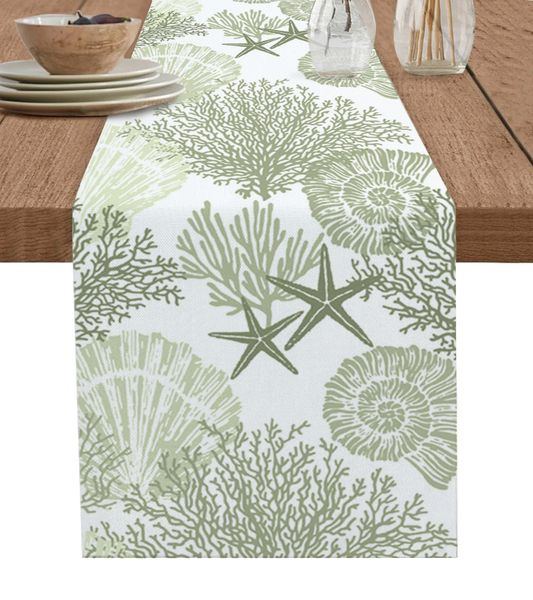 Sage Green Ocean Coral Shells Starfish Table Table Runner Linenna di cotone arredamento per matrimoni decorazioni da cucina per vacanza decorazione 231222