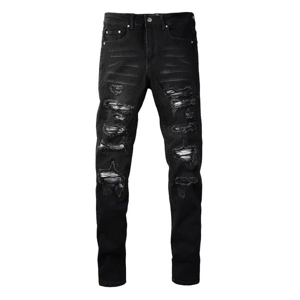 Мужские черные плотные джинсы с поврежденными отверстиями белые ребра Пятна мыши с высокой эластичностью джинсы 231222