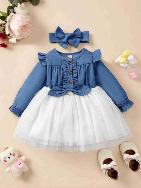 Abiti da ragazza di 0-2 anni neonate ragazze primaverili e autunno rotondo a maniche lunghe imitazione denim patchwork mesh moda carino dressl231222