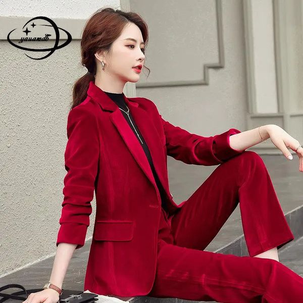 S4xl Womens Pant Suit Spring Autumn Female Blazer Setpants 2pcs Long Gold Velvet Ladies Abibiti H162 231221