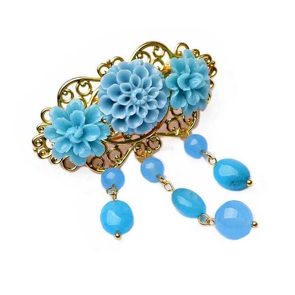 Andere blaue Muschelharz Blume Haarnadel Blue Jade Kopfbedeckung Chinesisch Ethnische Haarschmuck Barrette Ornamente Kopf Accessoire Haare Clipl231222