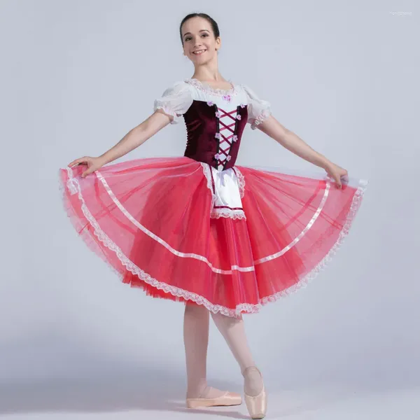 Bühnenbekleidung 20017 Burgund Velvet Mieder mit Chiffon Puffärmel Red Tüllrock Mädchen und Frauen Performance Kostüm Ballett Tutu Tutu