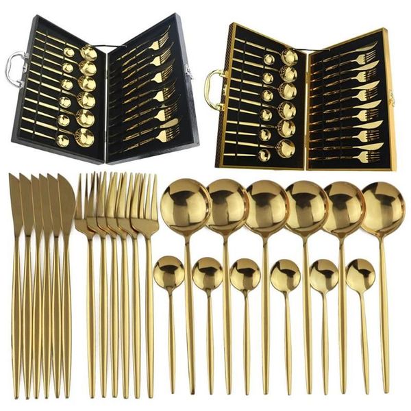 24PCS Gold Dinnerwaren Set 18 10 Edelstahl -Besteckset Lnife Fork Löffel Cutlery Kitchengeschirr Silber mit Geschenkbox236U