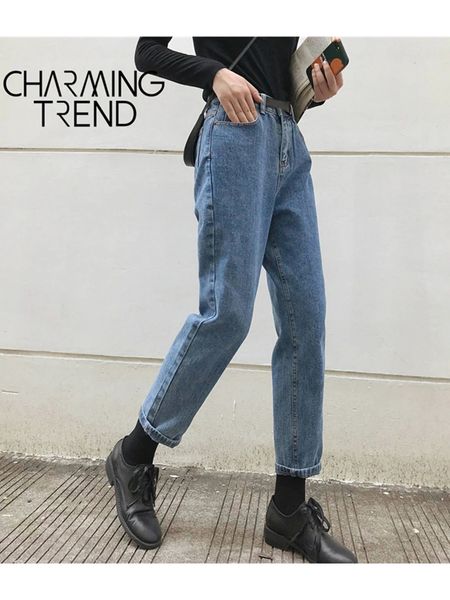 Donne jeans ansimano le ragazze coltivate nere coreane studentesse vintage solide pantaloni lunghi si adattano femminile ad alta vita denim 231221