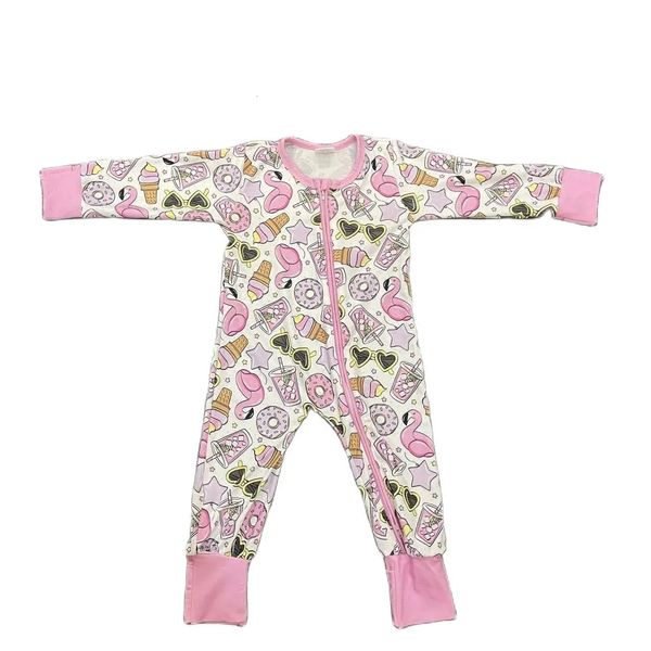 Kleinkindkleider Kleidung weicher Bambus Viskose Spandex Baby Reißverschluss süßer Strampler mit Rüschenboutique Strampler Süßigkeiten Schwan Jumpsuit 231221