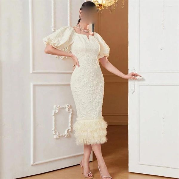 Vestidos de festa Minglan elegante manga curta de luva curta de pescoço quadrado penas de sereia vestido de noite comprimento de moda vestido de baile formal em 2023