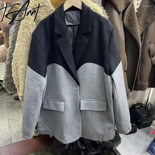 Frauenanzüge Tannt Frauen Blazer Schwarz grau Farbe Matching Dicker Winteranzug Schichten Asymmetrie Mode Casual Oversize Jacke 2023