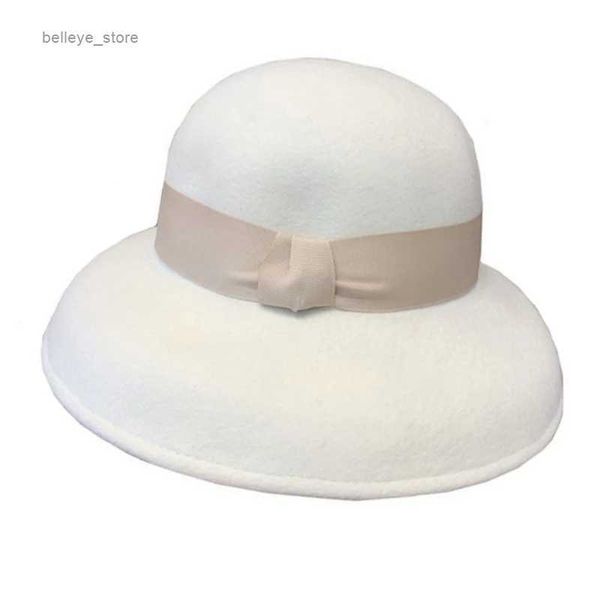 Cappelli a tesa larga Cappelli a secchiello Classico cappello invernale in feltro bianco Caldo cappello in lana cloche Nastro Bowknot Tesa floscia Derby Matrimonio Chiesa Cappello Fedora Cappello da donna L231221