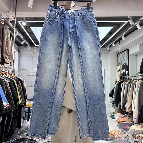 Jeans masculinos usados ​​e criativos de costura irregular irregulares reta