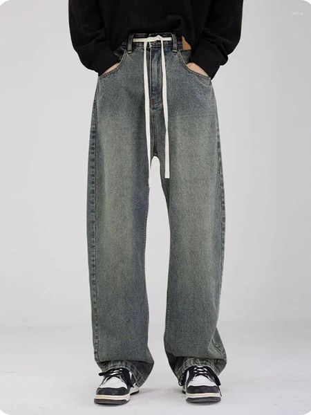 Herren Jeans 2023 Amerikaner Destressed Retro Semi-Elastic Tie Drape Trendy Hip-Hop Wide Leghose
