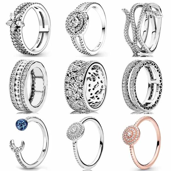 Novo anel de prata de prata esterlina 925 folhas cintilantes bandas grossas Sparkle Double Hearts Snowflake Ring for Women Jewelry