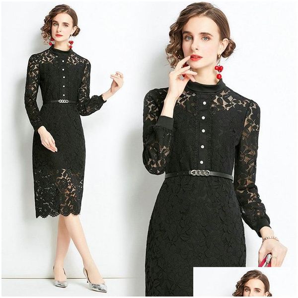 Arbeitskleider Frauen Boutique Spitzenkleid Langarm Langarm hohl schlank 2024 Frühling Sommer High-End-Noble Lady ol Party Drop Lieferung Bekleidung wo Dhyem