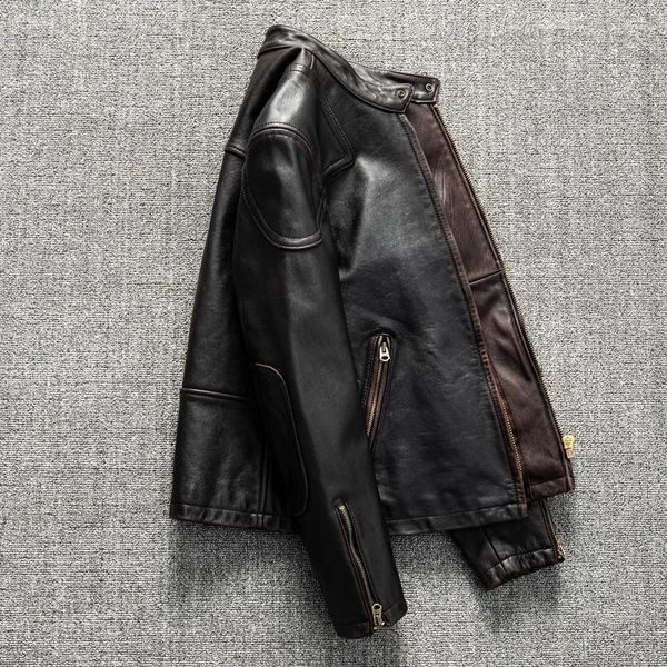 Jaquetas masculinas Primeira camada de camada de couro real Vintage Motorcycle Jacket Short Amekaji Wear American Casual Casual