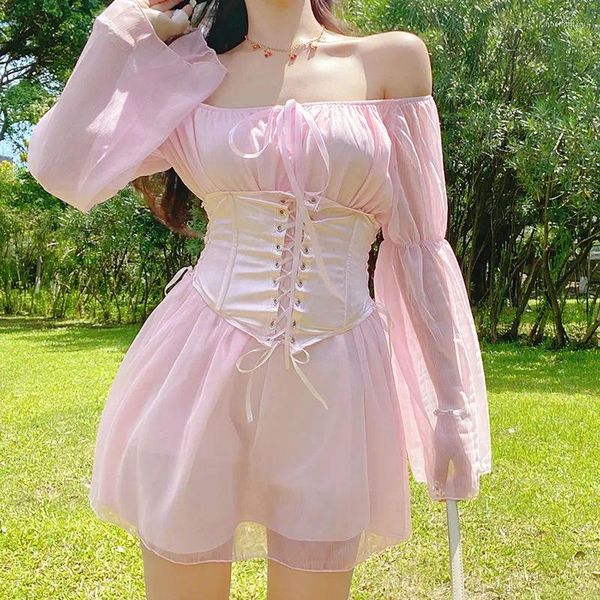 Lässige Kleider rosa Slash Neck Chiffon Strand weiße Kleiderinnen Frauen fliehen Ärmeln von Schulter sexy Sommer Mini 2023 süßes Mädchen Japan aus