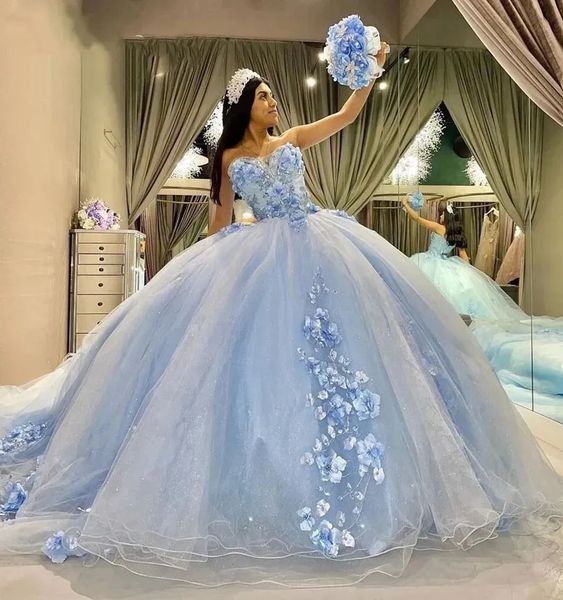 Abiti Quinceanera Abito da ballo da ballo da ballo azzurro Appliques floreali 3D Mipper personalizzato in pizzo Plus size Vestitido De per Sweet 15 Sleeveless Crystal Sweetheart