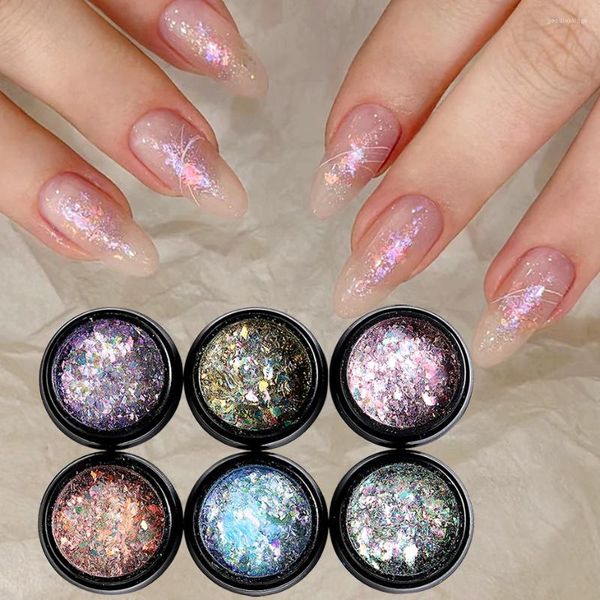 Nagelglitzer polarisierter Schnee-Samtnägel Paillette glänzende Aurora Irisierende rosa lila Opalpulver Ultra-dünner Flockenmaniküre Dekor Leyxh